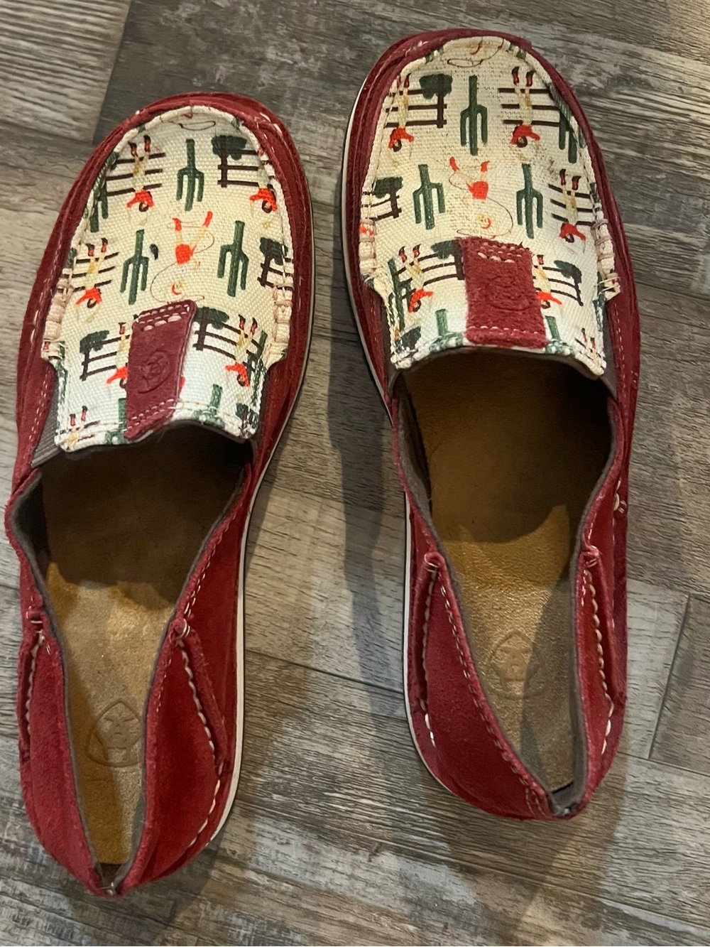 Ariat Red Suede Loafers with Patterned Canvas Vamp